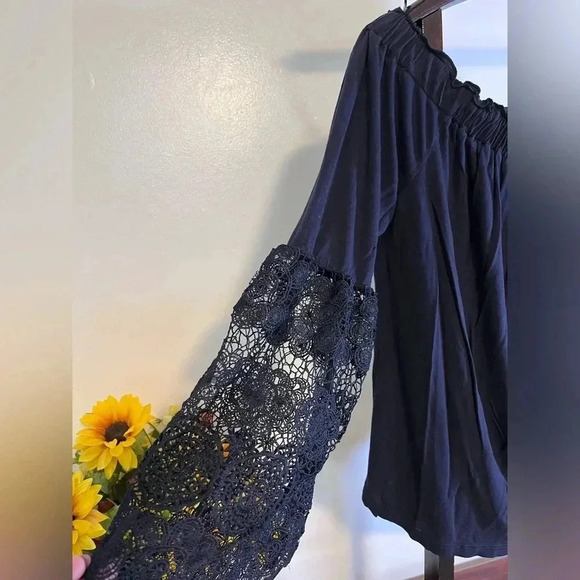 LOFT women's large navy lace bell sleeve off shoulder blouse casual stretch - Picture 2 of 5